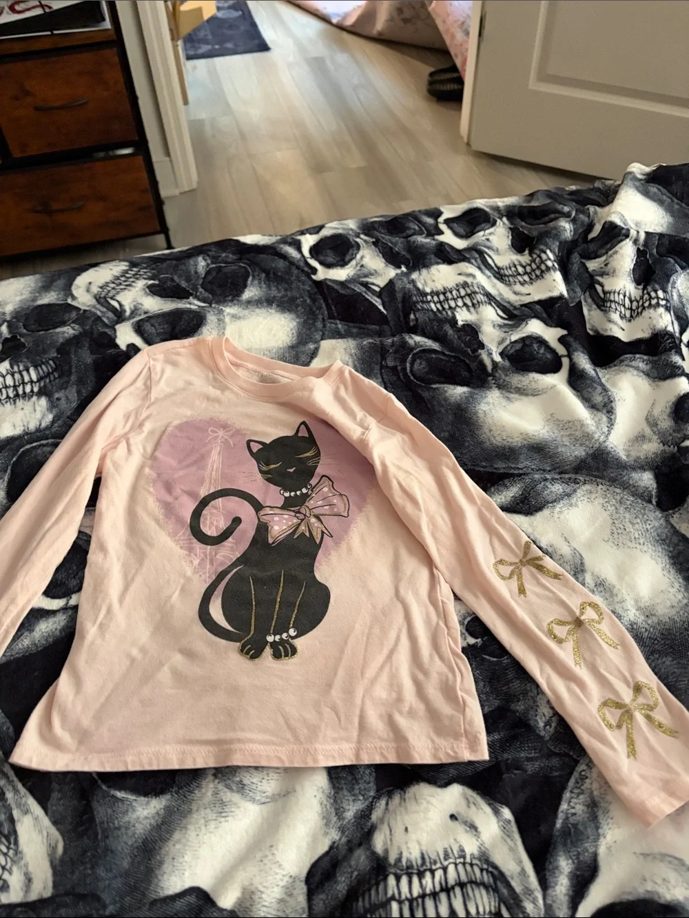 The Children's Place Pink Long-Sleeve Tee with Black Cat and Gold Bow Accents